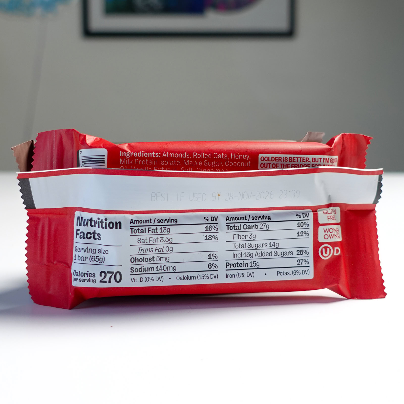 Red MUSH protein snack bar with nutrition facts and ingredients list.