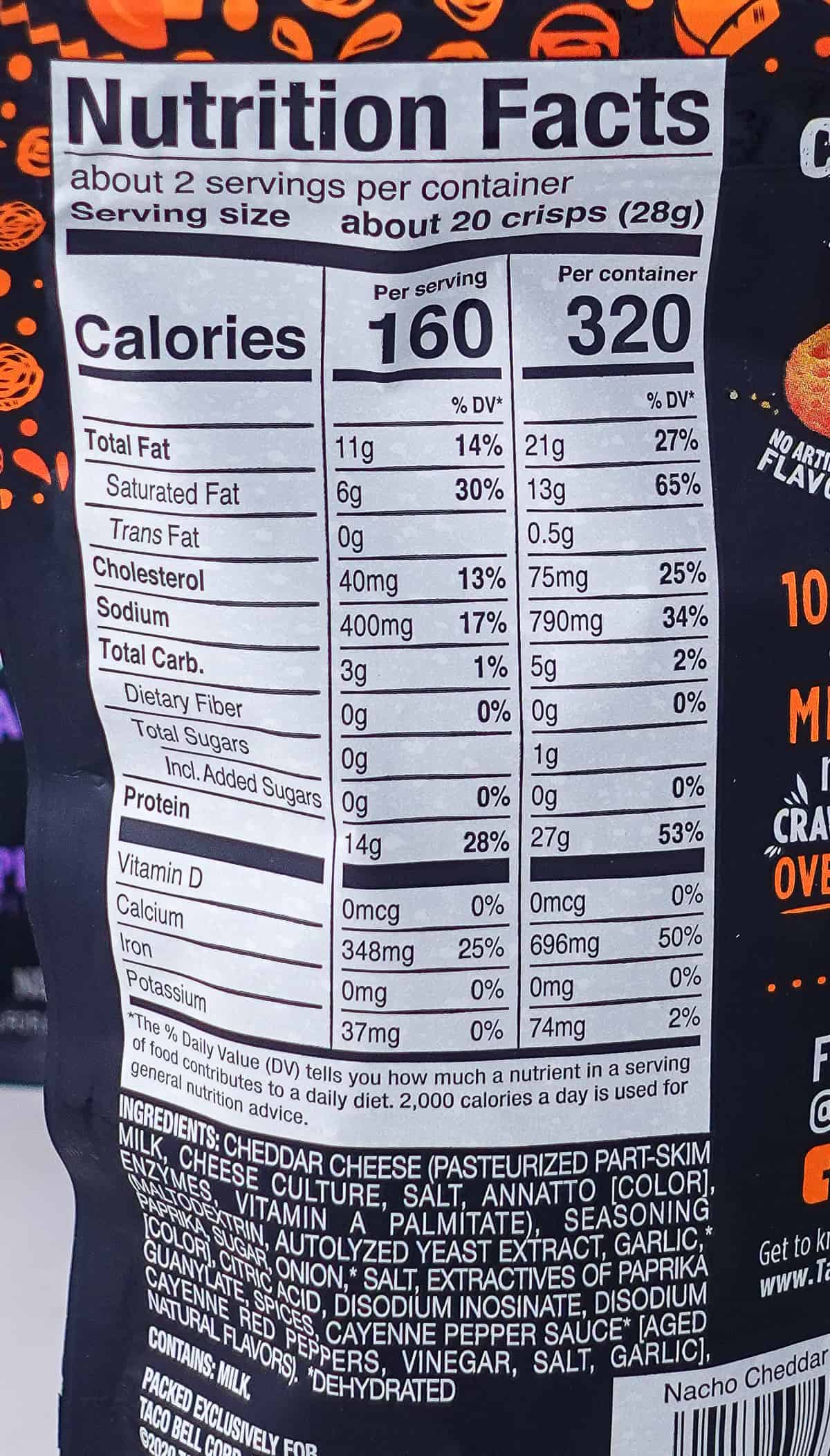 Taco Bell Cheddar Crisps nutrition